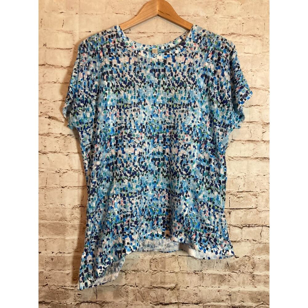 Cubism Artsy Top Womens Large Turquoise Mosaic Textured Print Asymmetric Hem